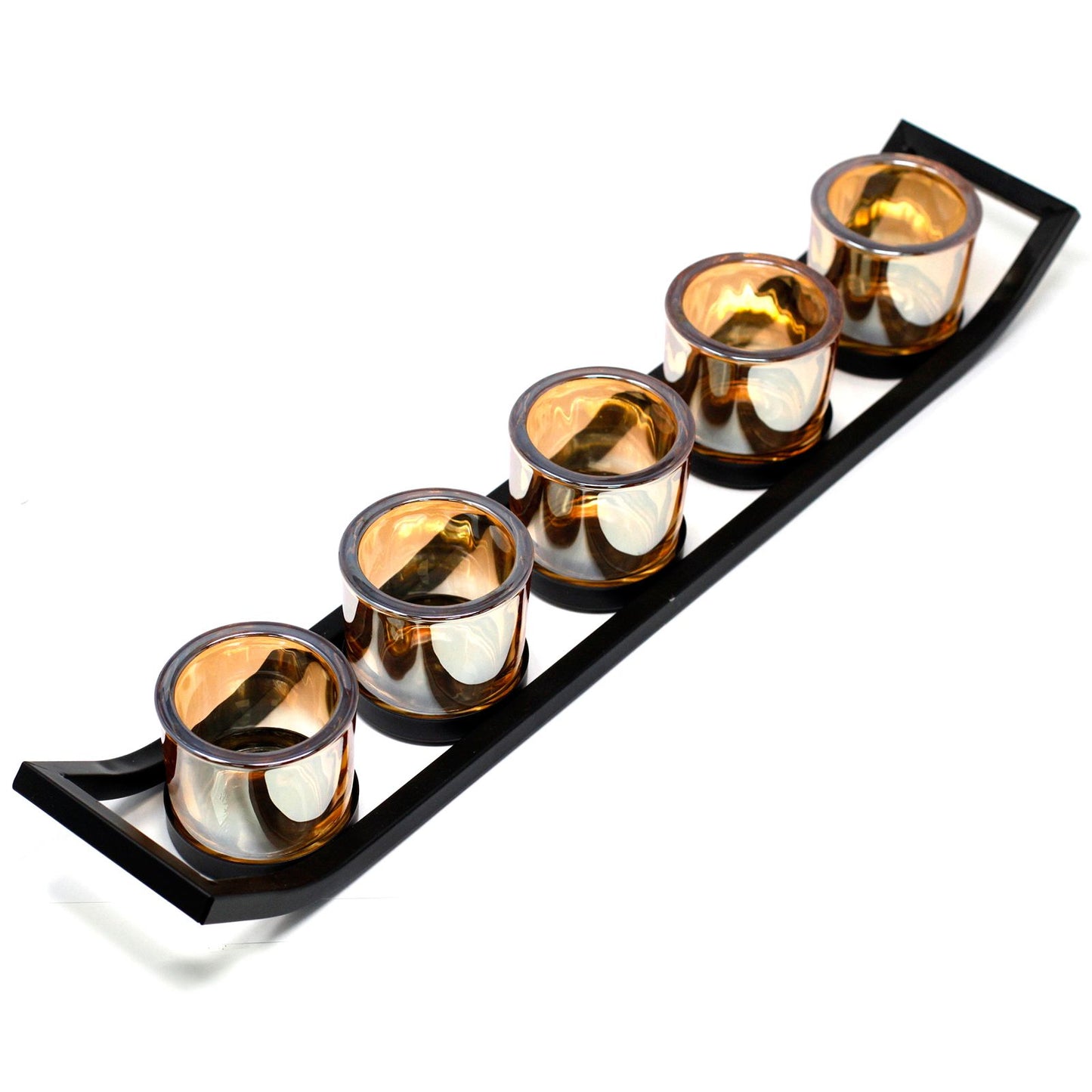Long black iron ledge candle holder featuring five clear glass votive cups on a minimalist metal frame.