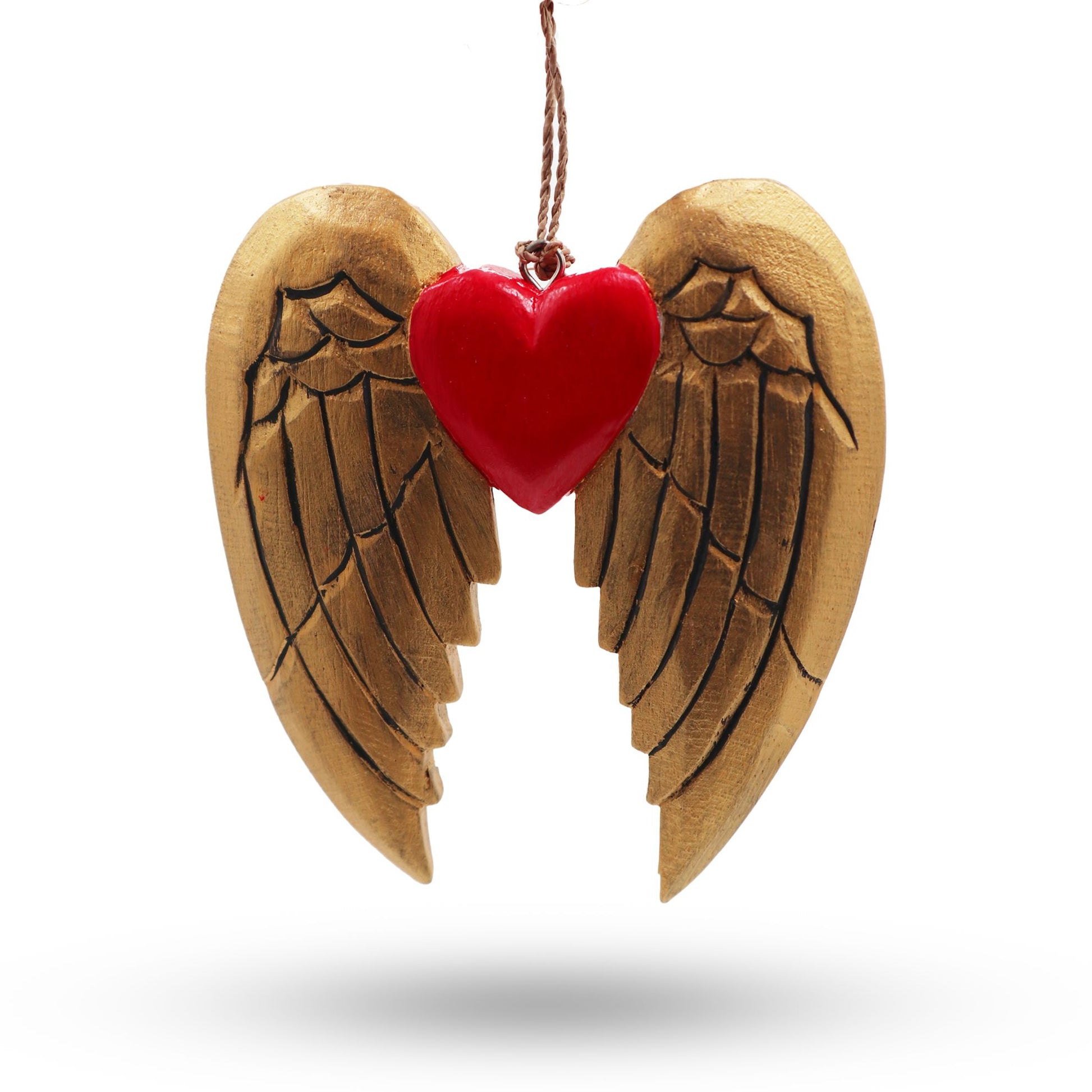 Two hand-painted wooden Christmas ornaments featuring a golden angel wing and a heart with black detailed patterns.