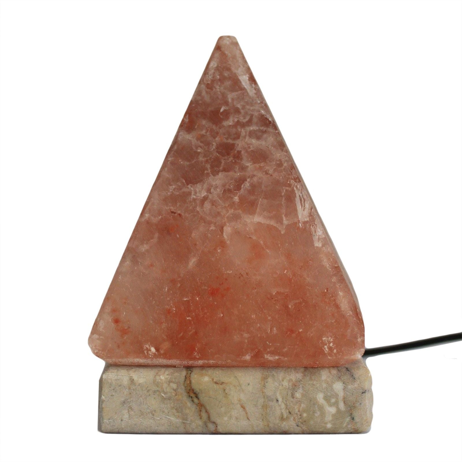 Small pyramid-shaped pink Himalayan salt lamp with a glowing interior on a wooden base.