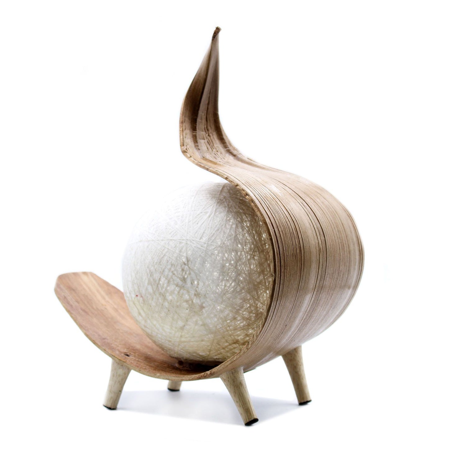 Handcrafted table lamp made from a natural coconut leaf twisted into an elegant chocolate-coloured organic shape.