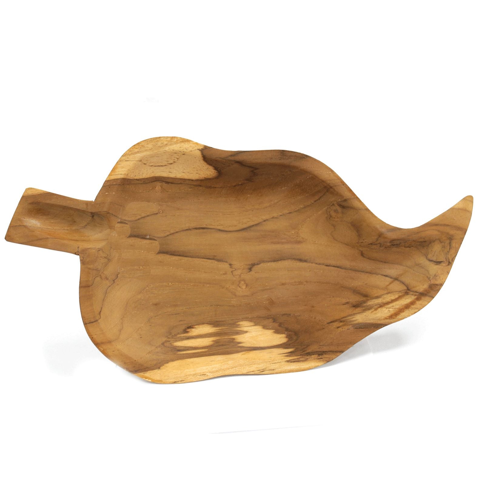 Hand-carved natural teak root bowl in a unique organic leaf shape with abstract wood grain details.