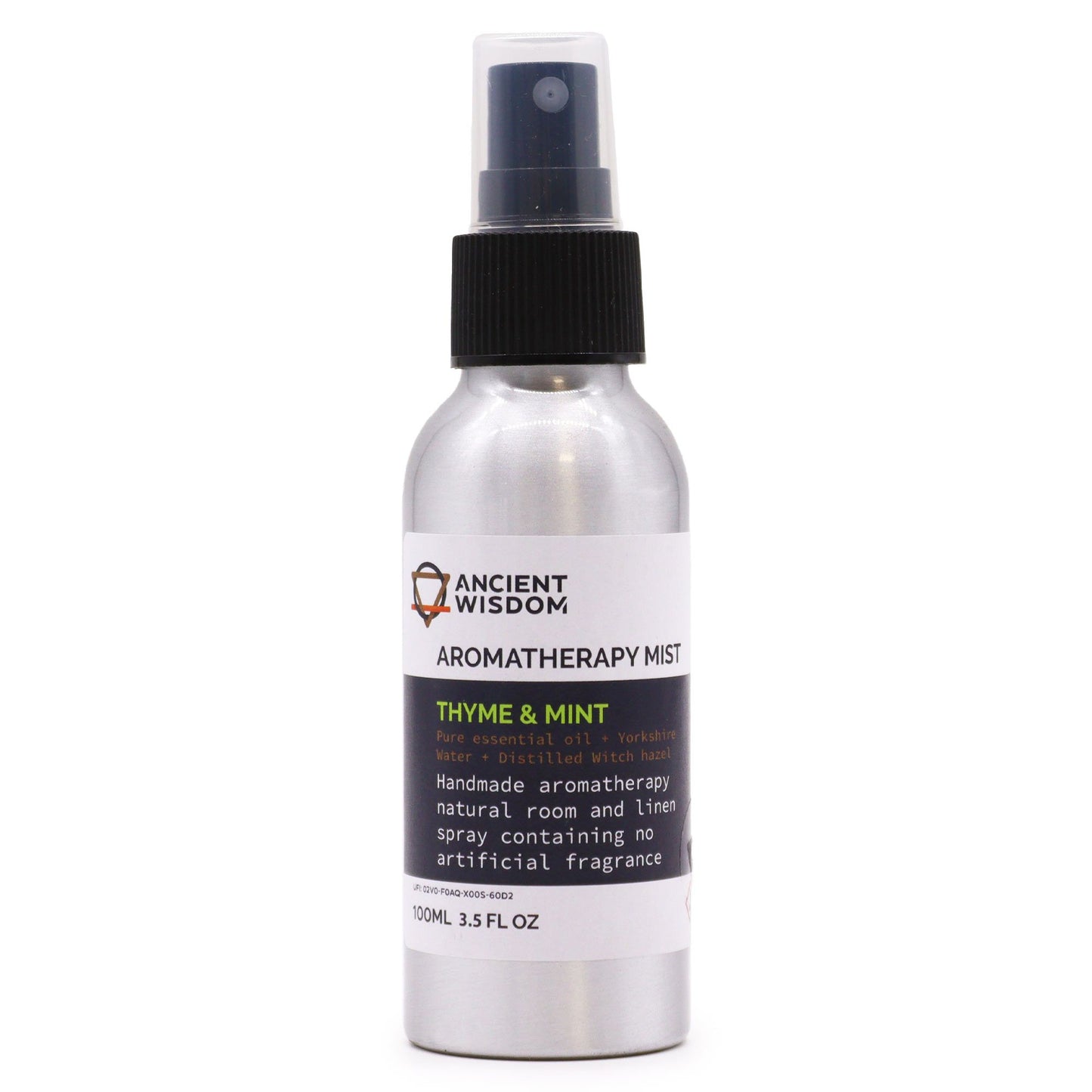 100ml amber glass spray bottle of Thyme and Mint essential oil room mist on a neutral background.