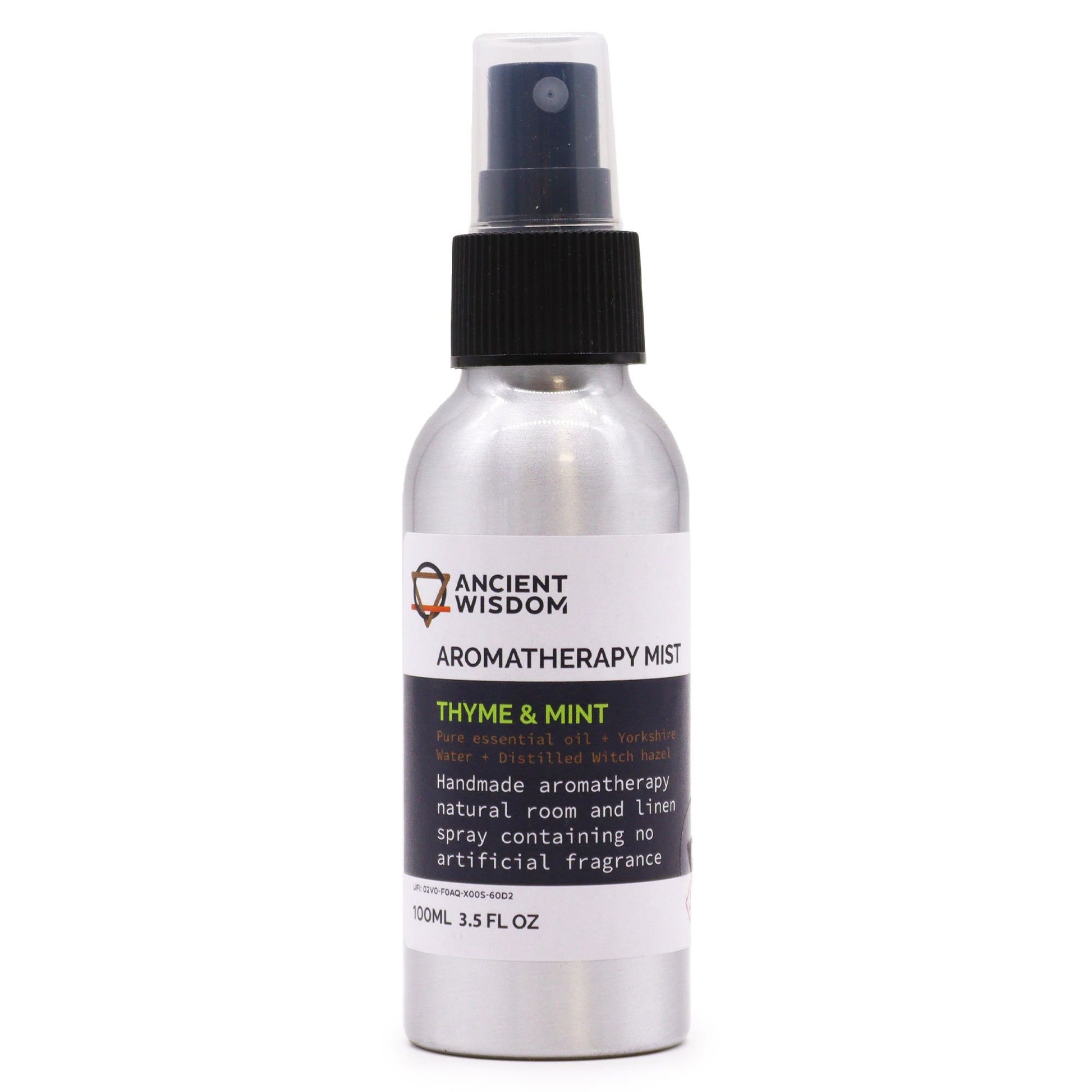 100ml amber glass spray bottle of Thyme and Mint essential oil room mist on a neutral background.