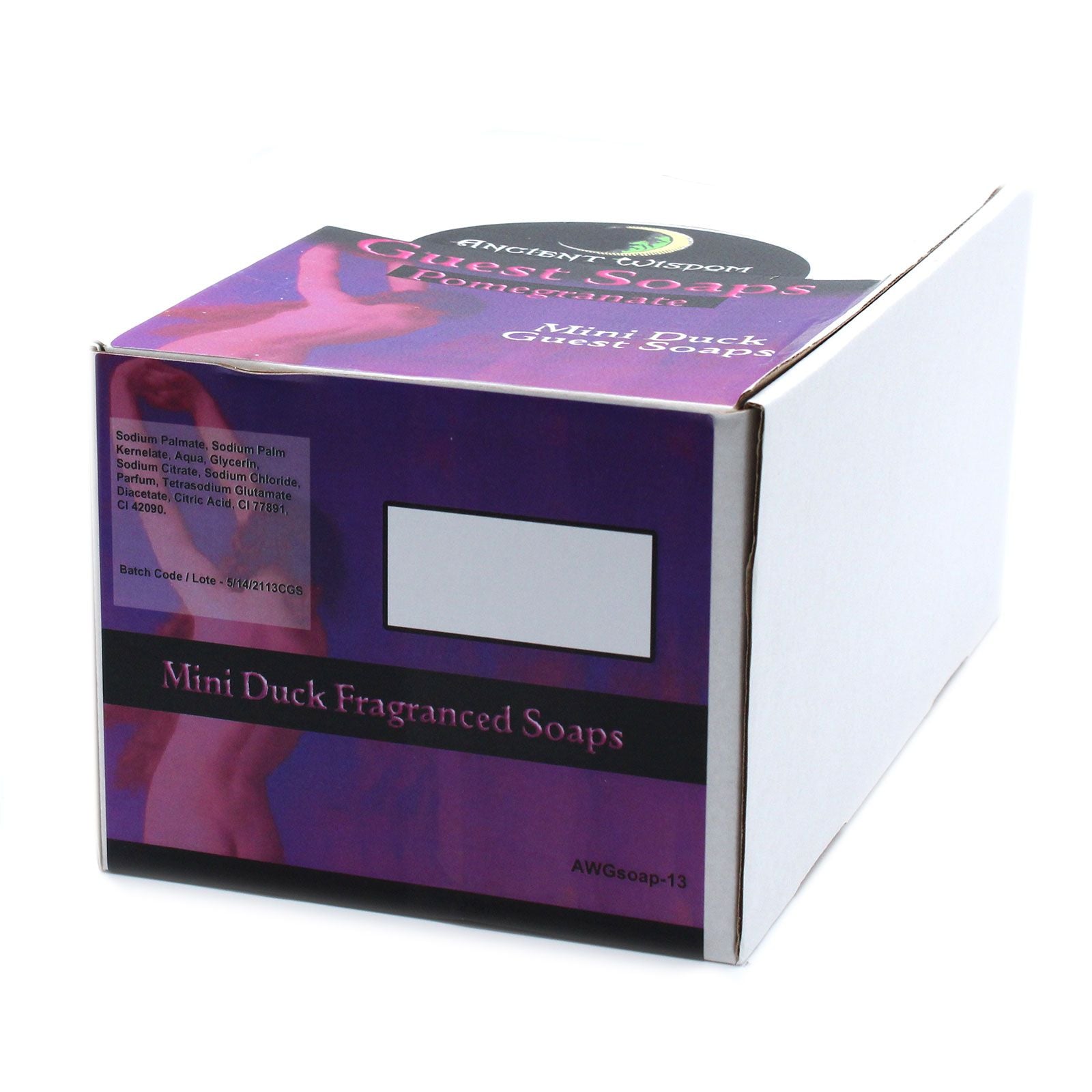 Cute purple duck-shaped guest soap with a heart-shaped design and smooth finish.