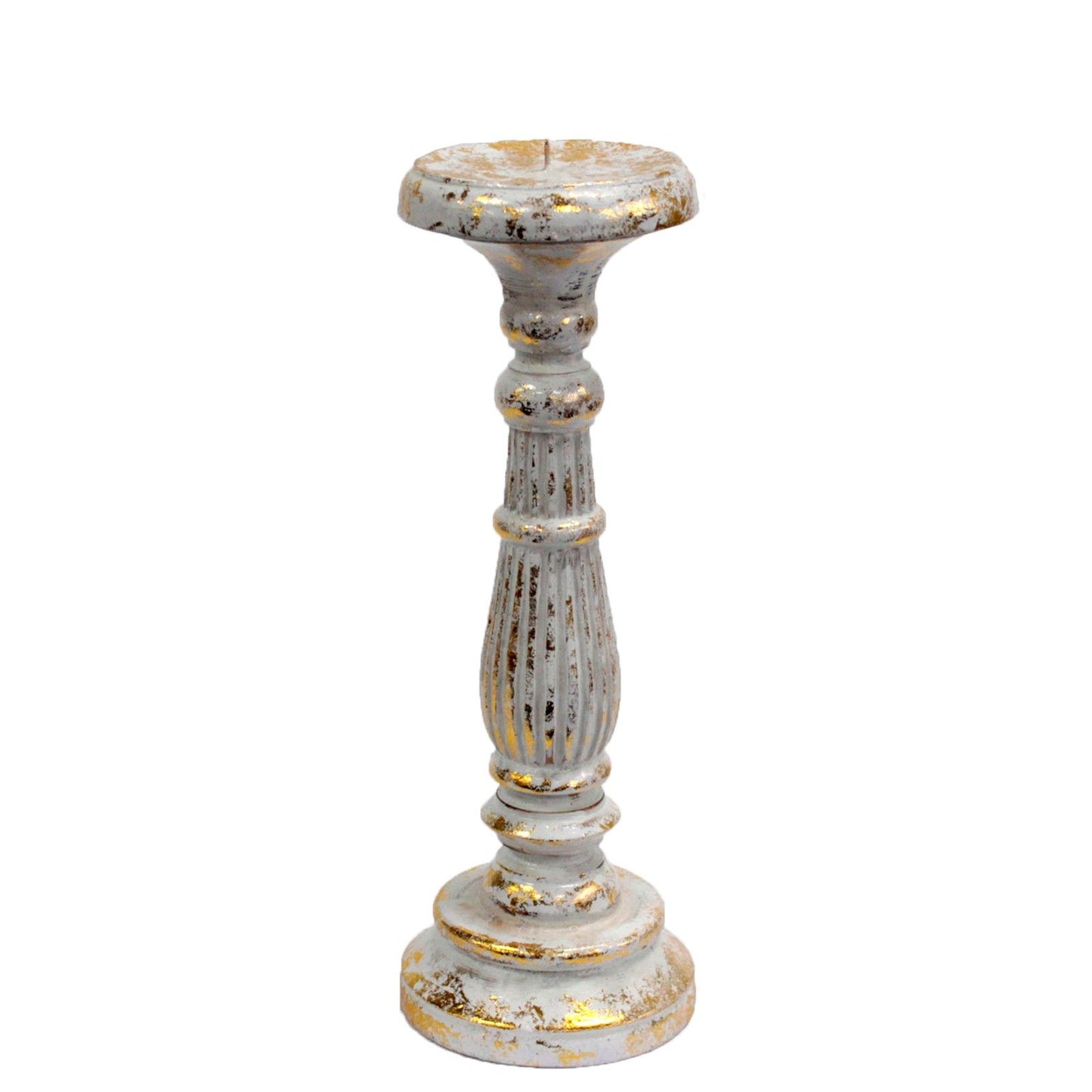 Hand carved ornate wooden candlestick in a white and gold finish, designed for church candles.