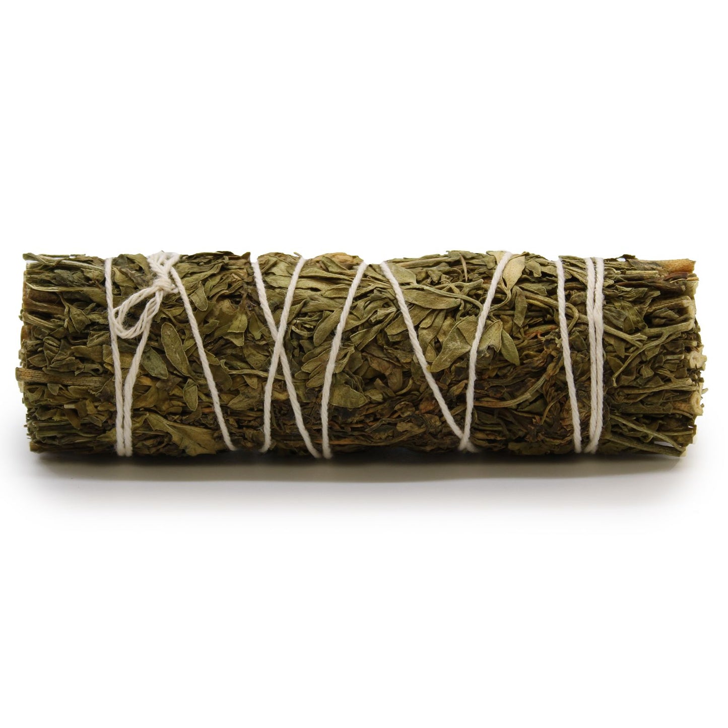 A 10cm hand-tied smudge stick bundle of dried white sage and ruda rue herbs.