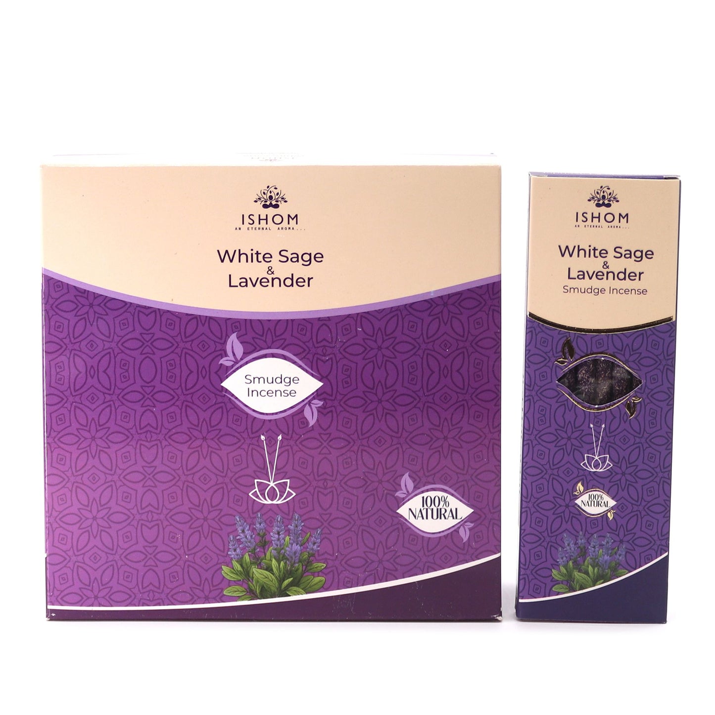 Hand-rolled smudge incense sticks featuring a blend of white sage and purple lavender flowers.