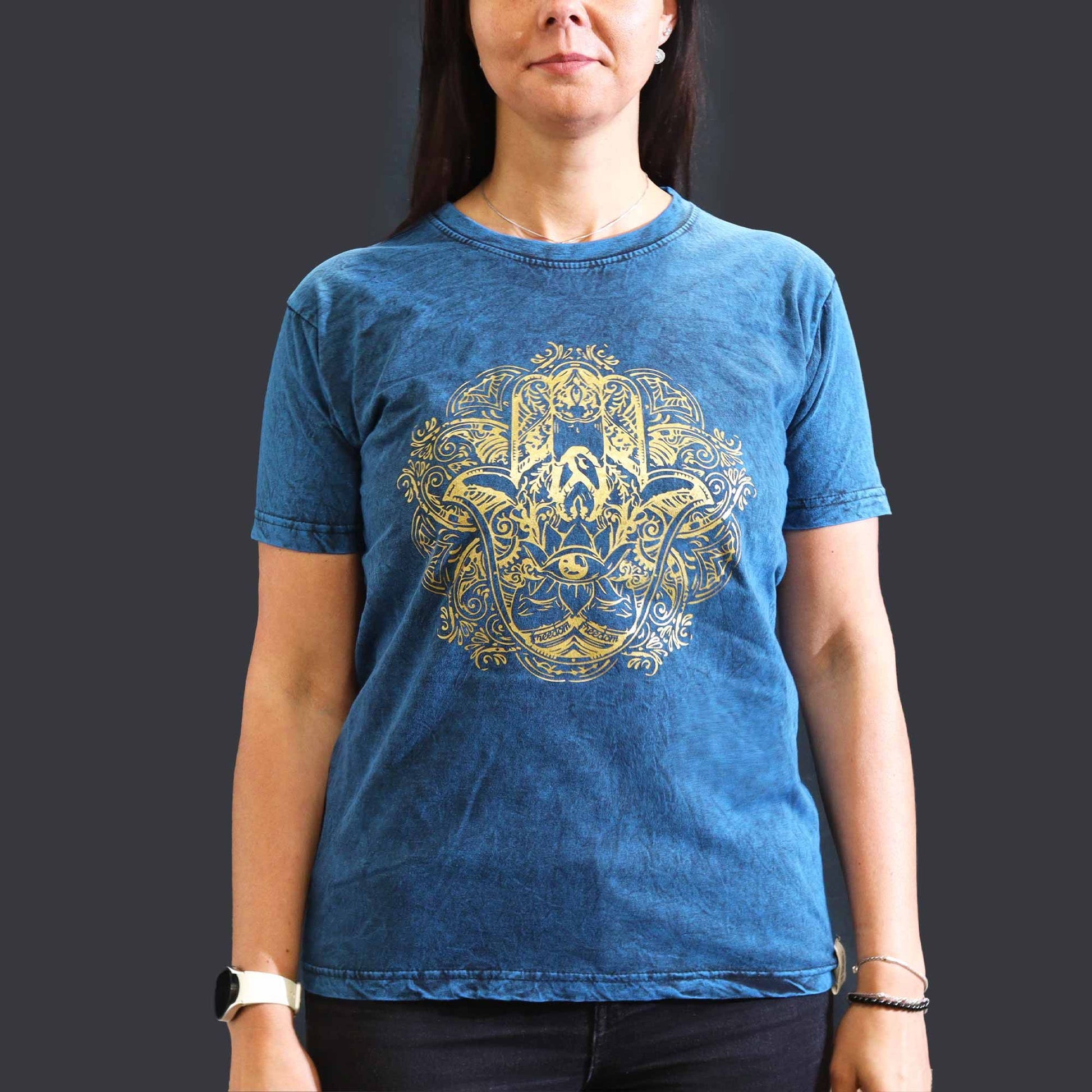 Medium blue stone washed t-shirt featuring a decorative white Hamsa hand symbol on the front.