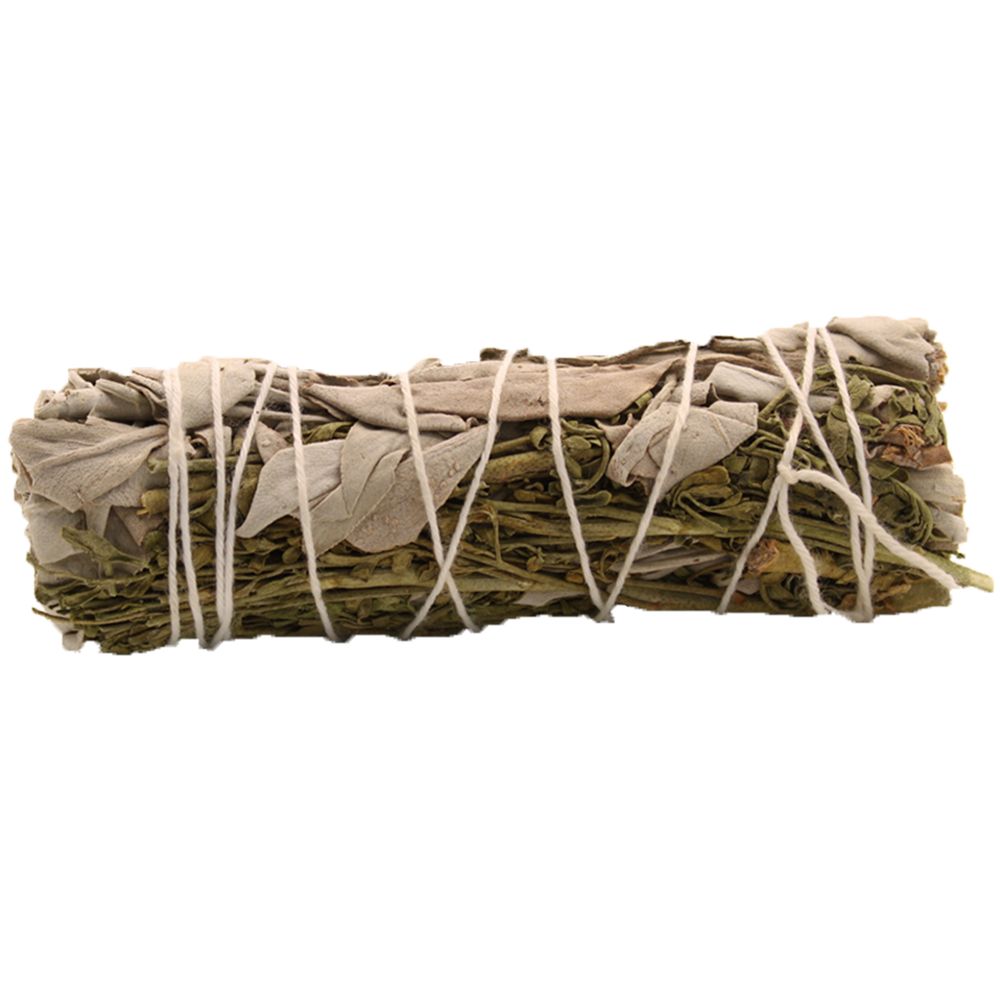 Hand-tied 10cm smudge stick featuring dried white sage leaves and ruda herbs bound with string.