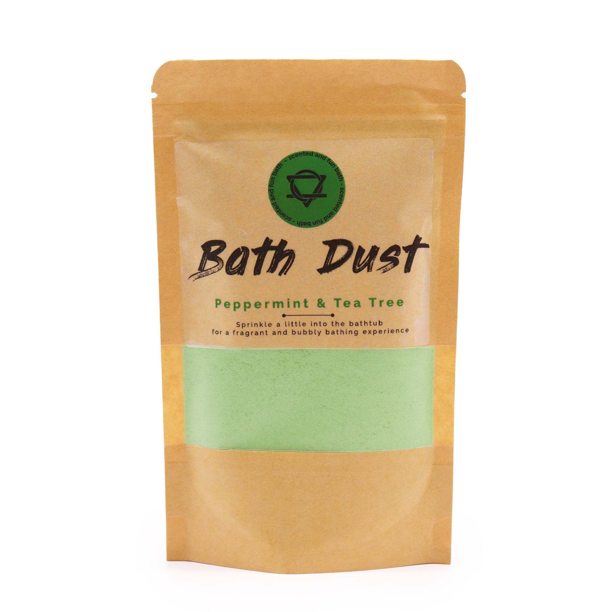 Finely textured mint-coloured bath dust infused with peppermint and tea tree essential oils in a clear bag.