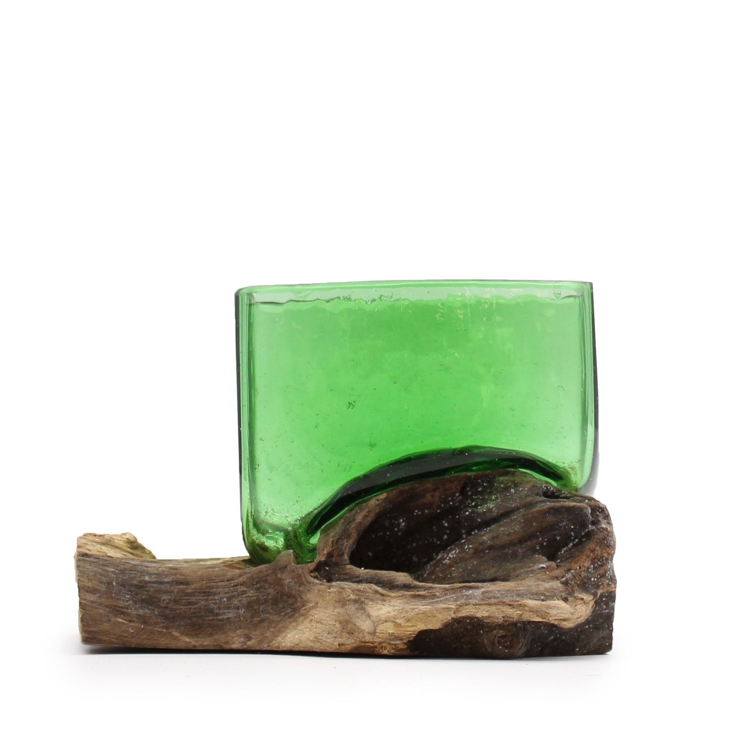 Unique square decorative bowl made from recycled green glass melted over a natural driftwood base.
