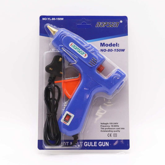 Blue professional high-power hot glue gun with a black trigger and UK plug, designed for 11mm glue sticks.