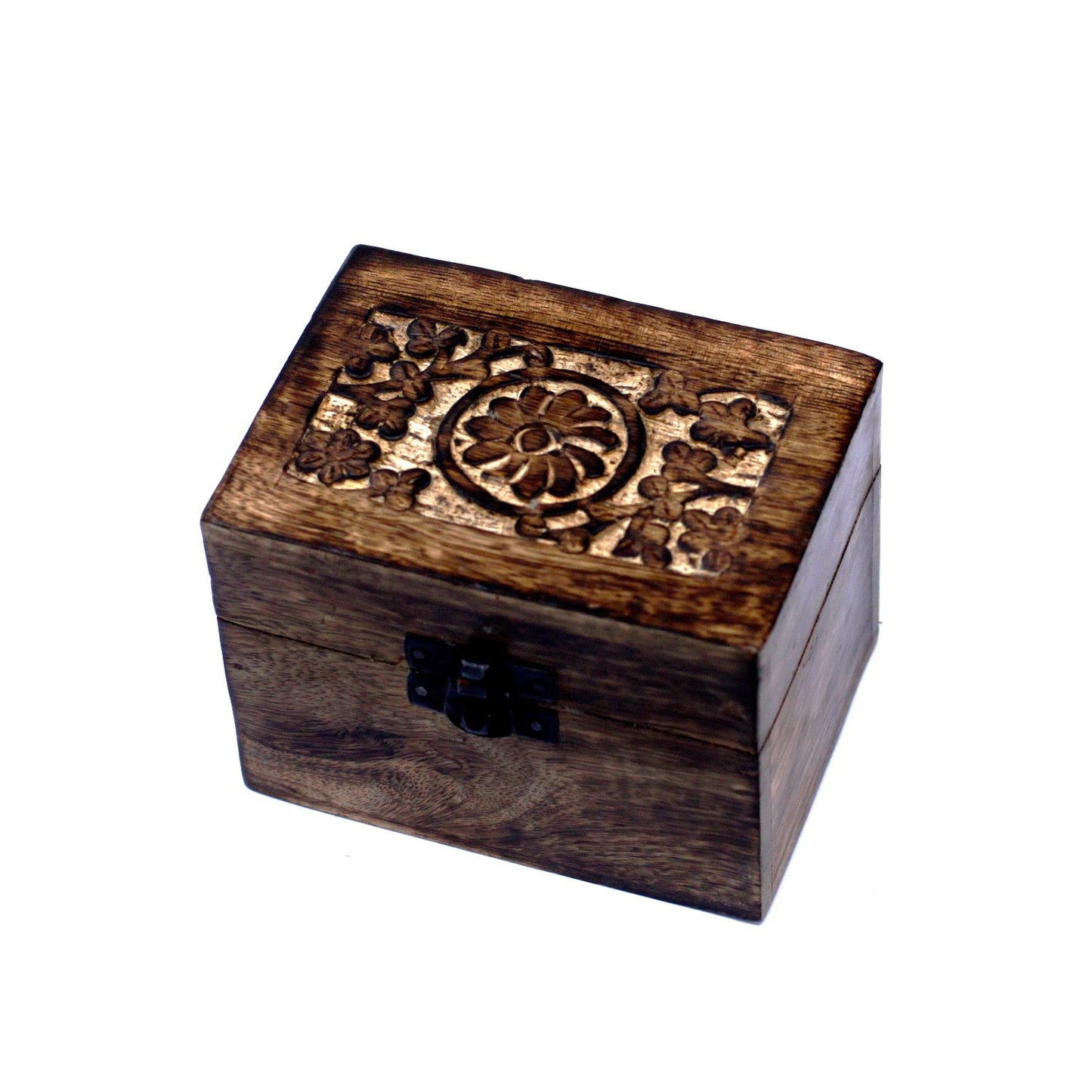 Hand-carved mango wood storage box with a delicate floral design, featuring six internal compartments for oil bottles.