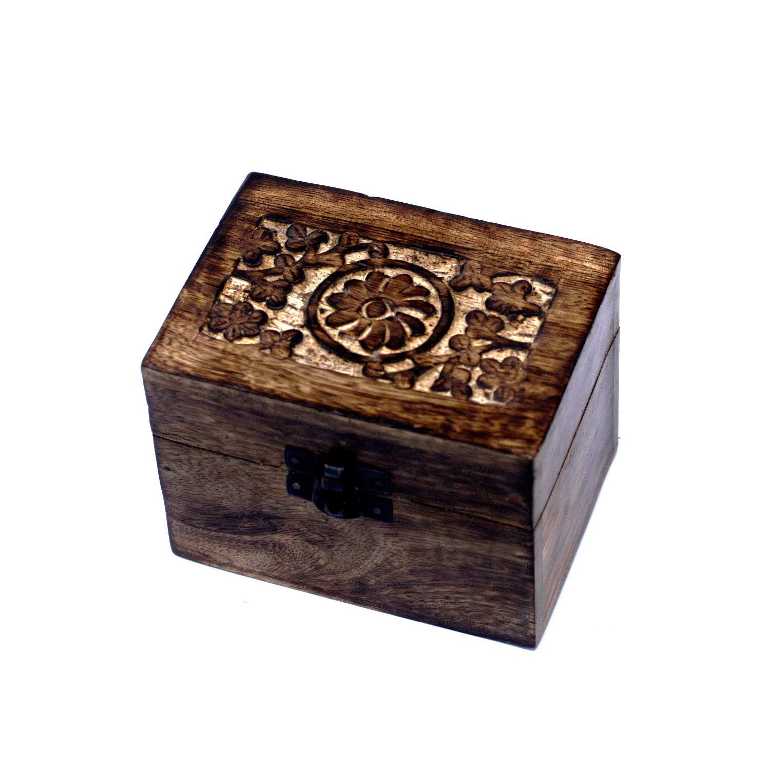 Hand-carved mango wood storage box with a delicate floral design, featuring six internal compartments for oil bottles.