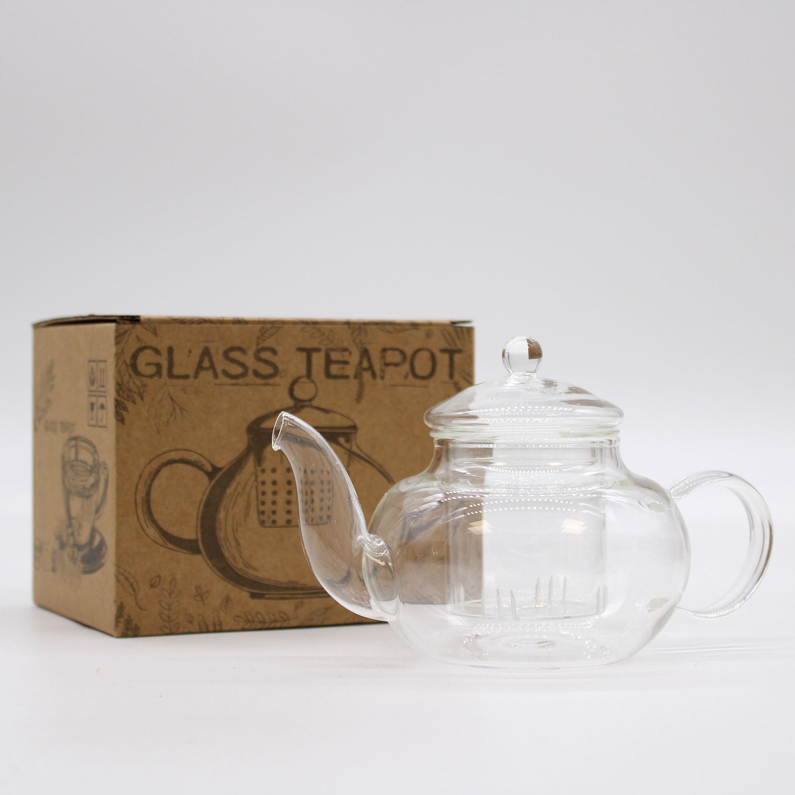 Elegant round glass teapot with a central infuser and pearl-style lid handle, perfect for loose leaf tea brewing.
