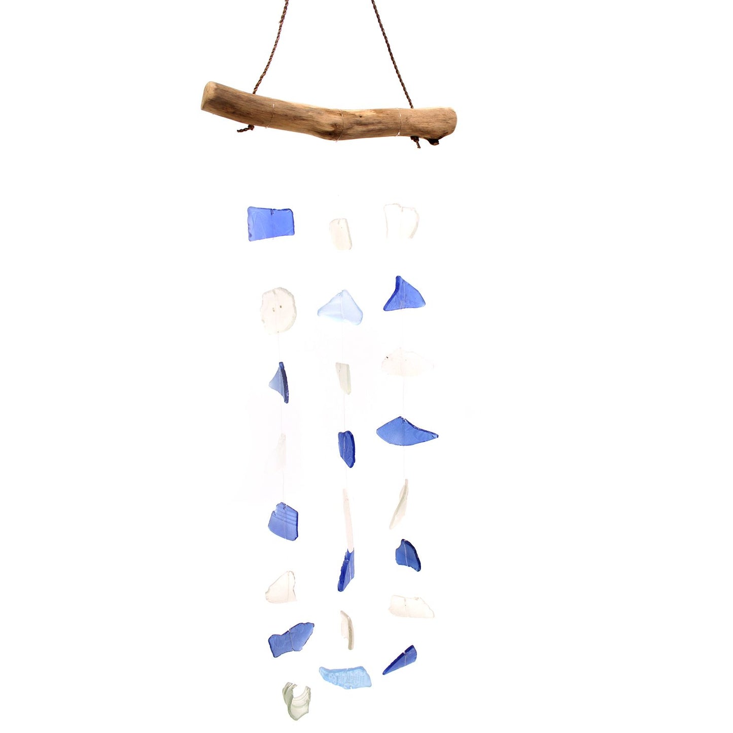 Beautiful three-drop wind chime featuring vibrant blue and white recycled glass pieces suspended from a natural wood base.