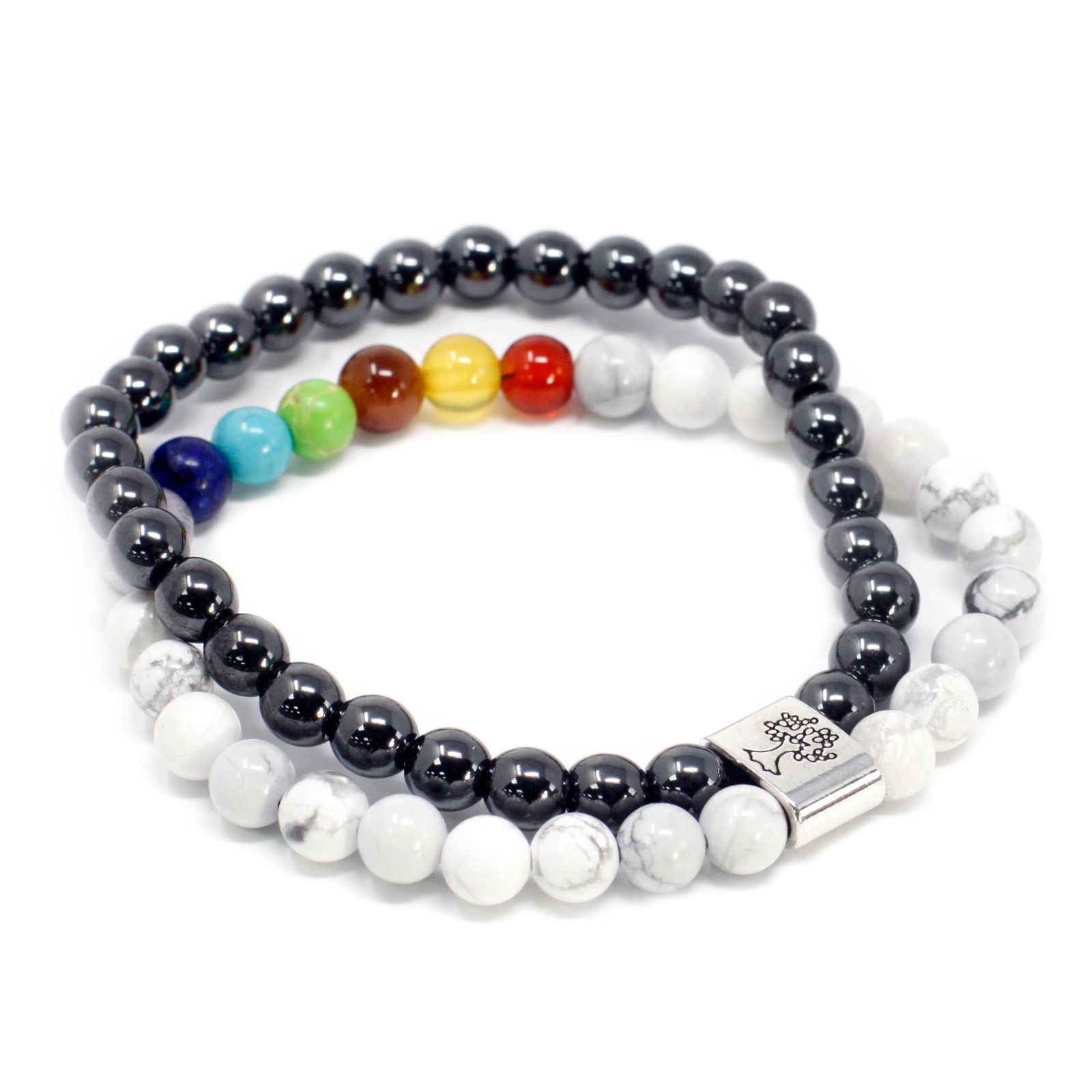 Magnetic gemstone bracelet featuring white howlite beads and colourful chakra stones on a strong elastic cord.