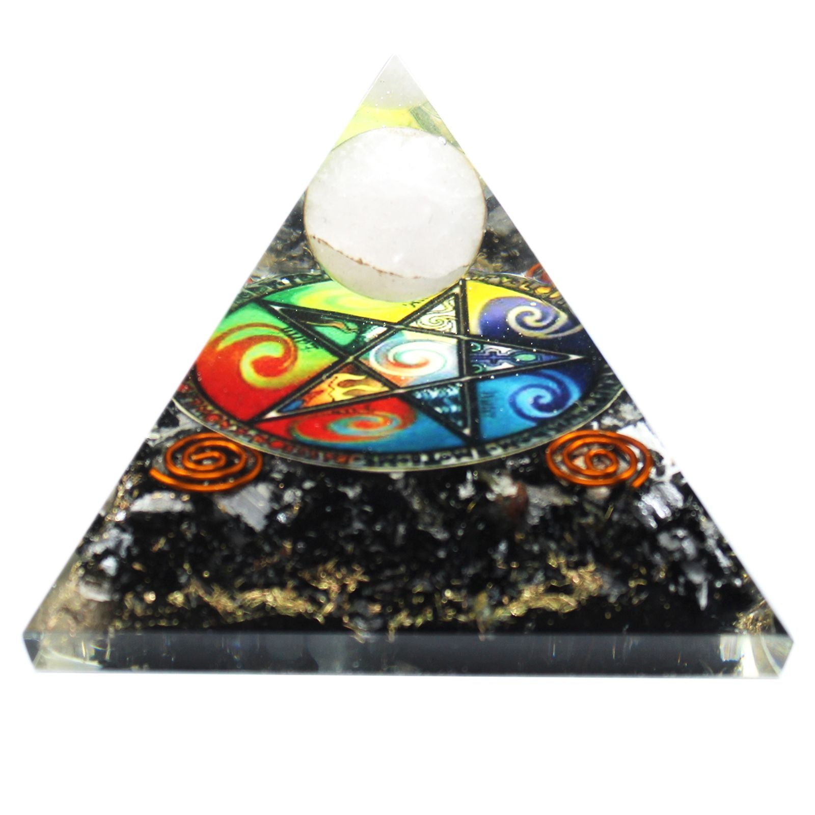 Large 70mm midnight pentagon shaped orgonite pyramid with dark tones and embedded metallic elements.