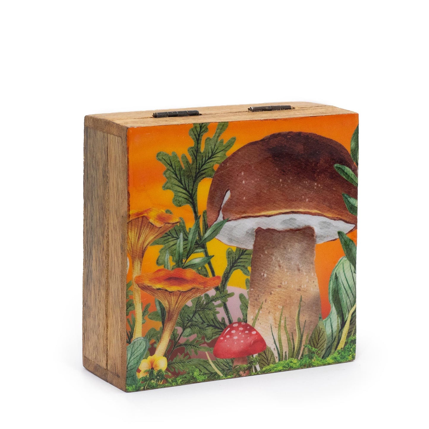 Square maroon enamelled decorative box with a detailed mushroom illustration on the lid.