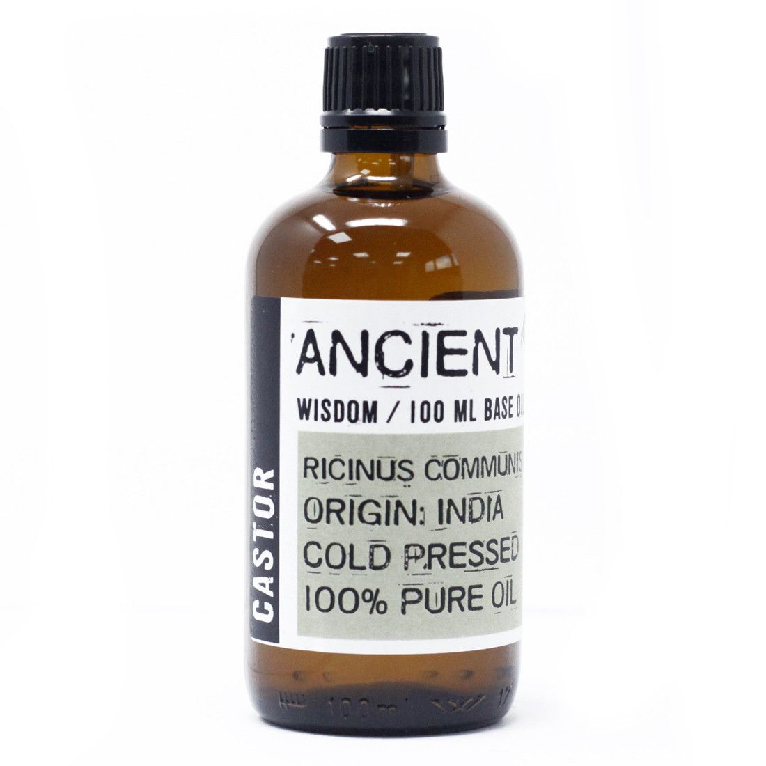 Clear glass bottle of viscous castor oil with a minimalist label on a neutral background.