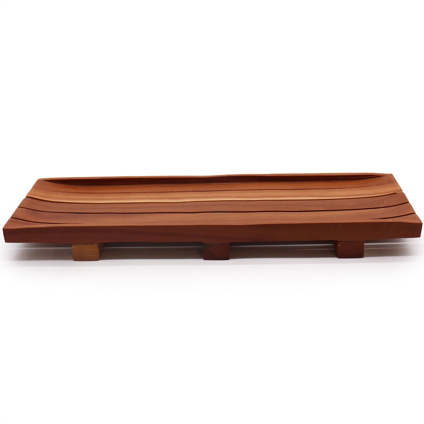 Large rectangular dark mahogany wood soap tray with a slatted design for drainage.
