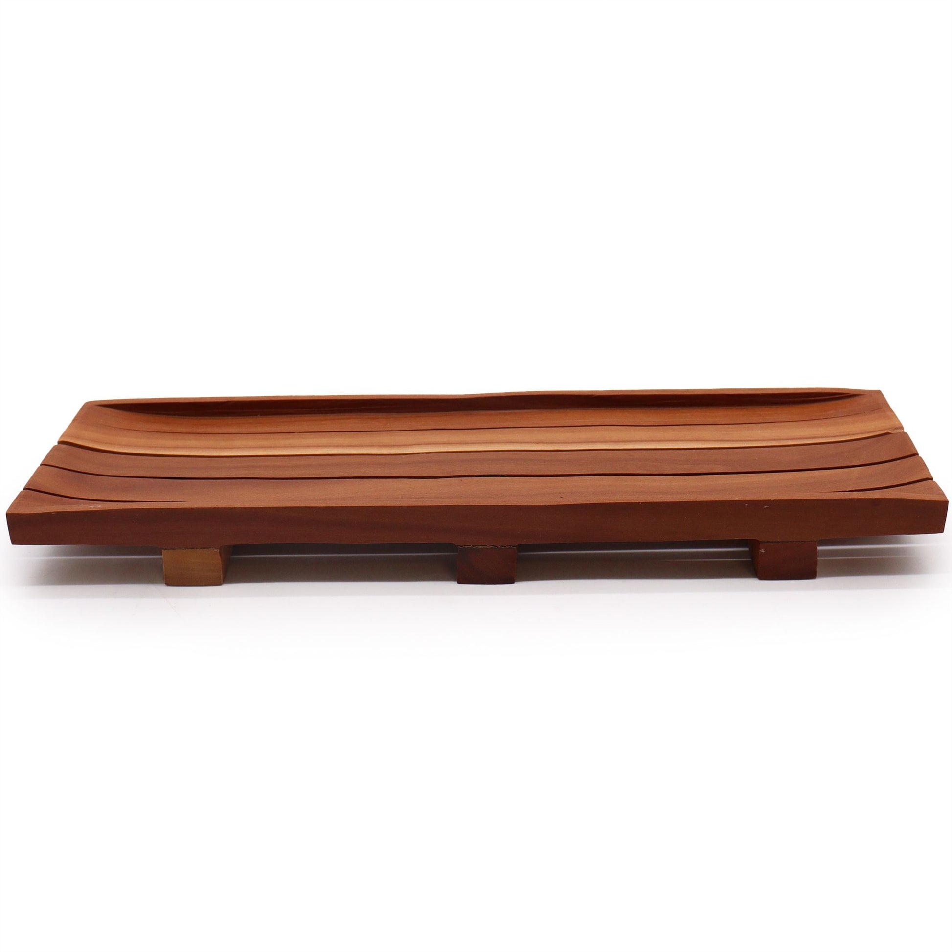 Large rectangular dark mahogany wood soap tray with a slatted design for drainage.