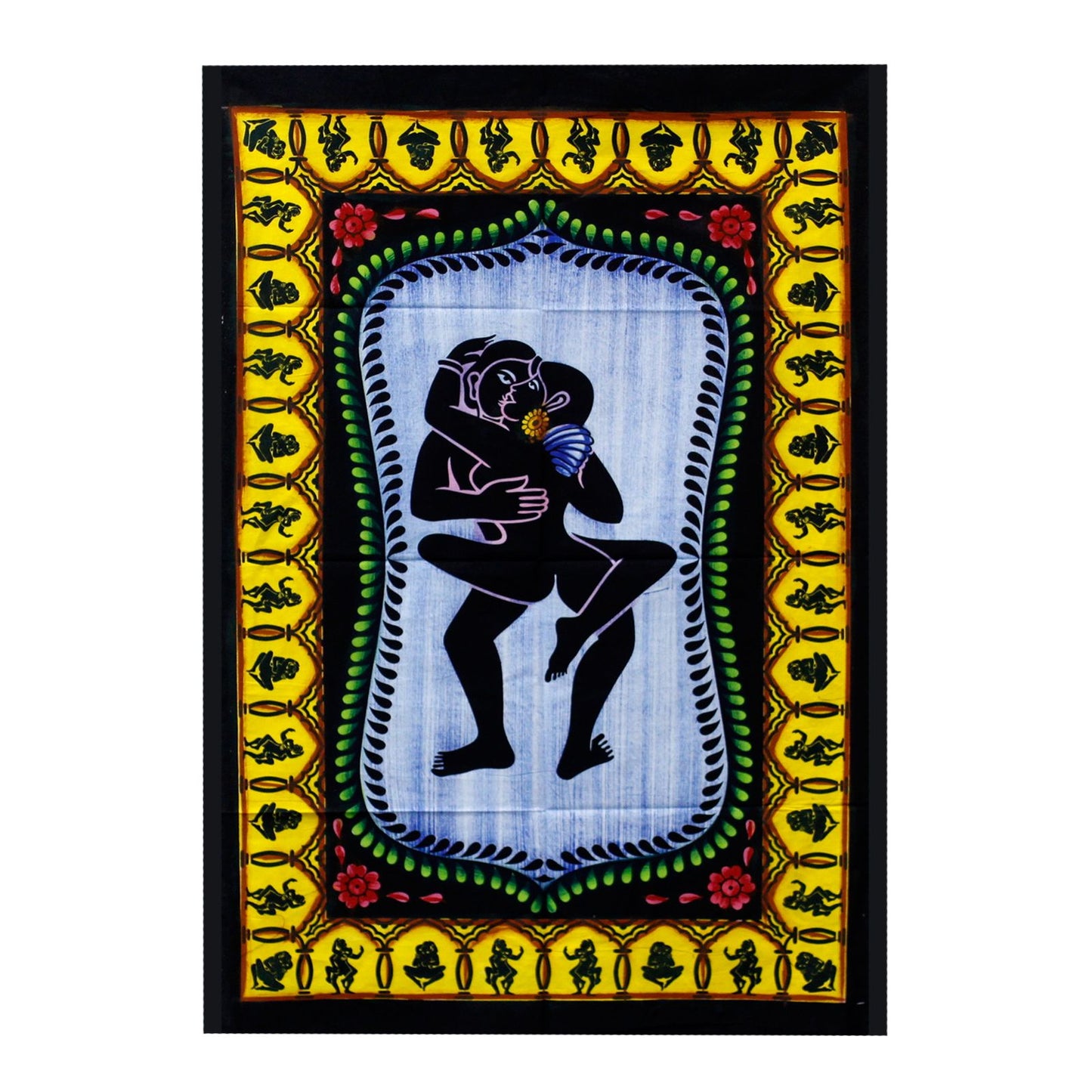 Large rectangular cotton wall hanging featuring a vibrant handbrushed traditional Indian design with rich colours.