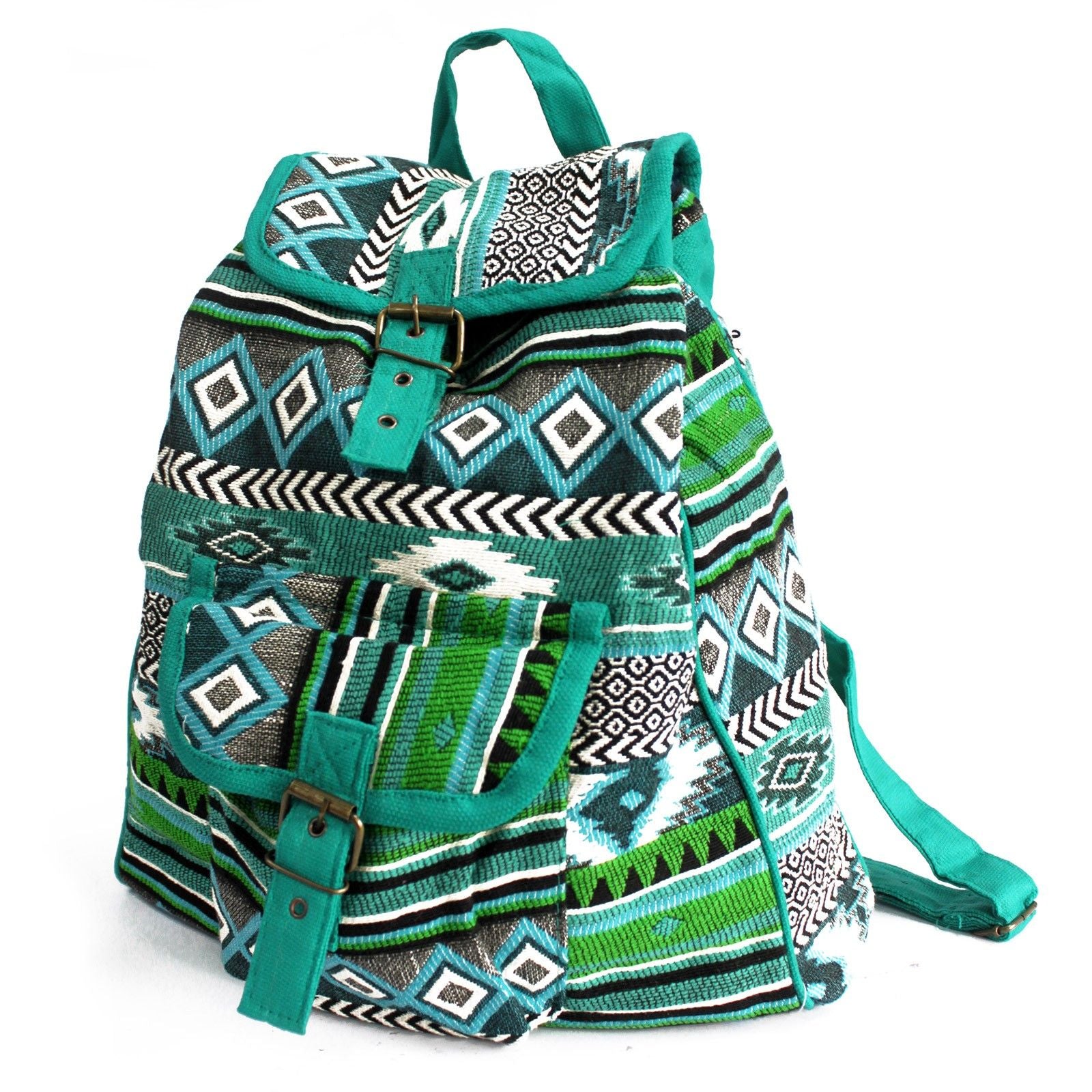 Teal backpack crafted from ethnic jacquard fabric with vibrant patterns and functional straps.