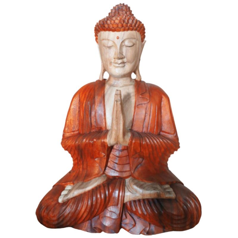 Large hand-carved Suar wood Buddha statue in a welcoming pose with intricate traditional Balinese detailing.