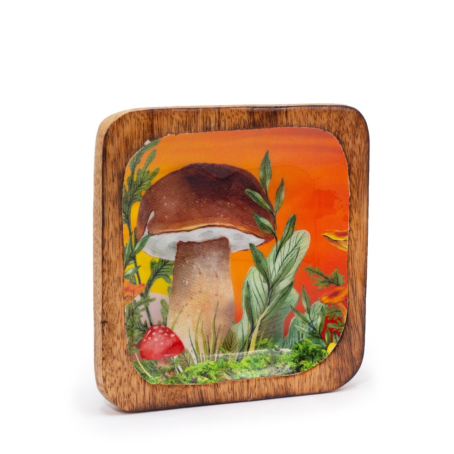 Square maroon enamelled trinket tray featuring a white mushroom pattern with a gold-toned rim.