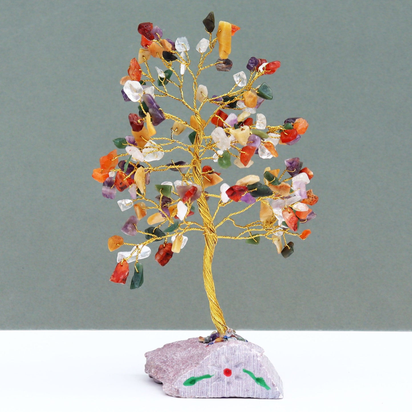 Handmade Indian gemstone tree with 160 colourful multi-gem stones and adjustable wire branches on a natural rock base.