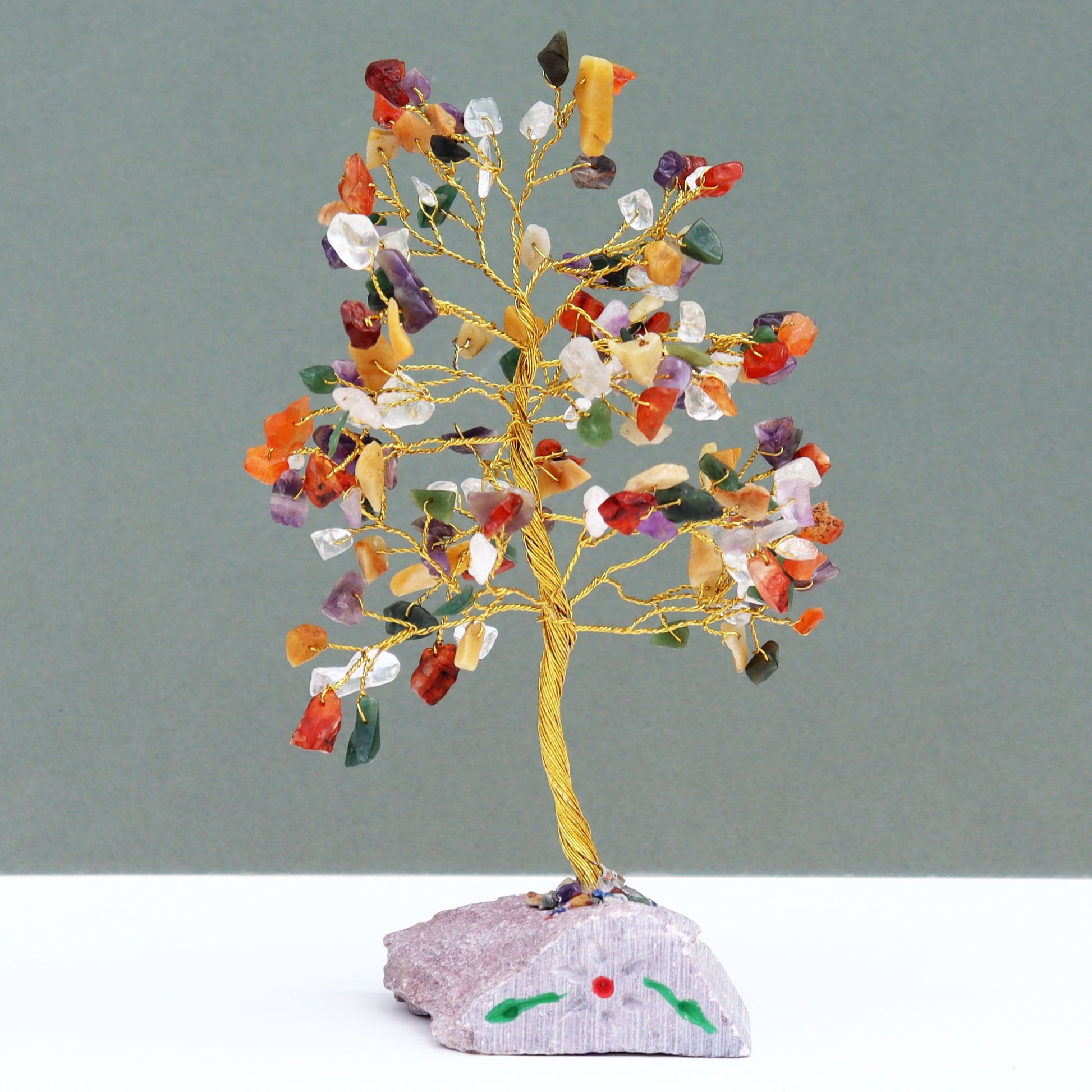 Handmade Indian gemstone tree with 160 colourful multi-gem stones and adjustable wire branches on a natural rock base.