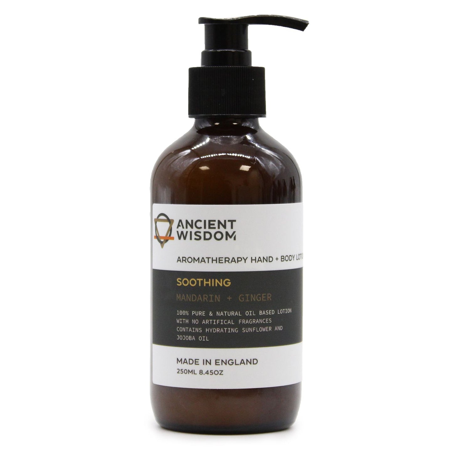 Clear 250ml bottle of Mandarin and Ginger hand and body lotion with a minimalist white label and black pump dispenser.