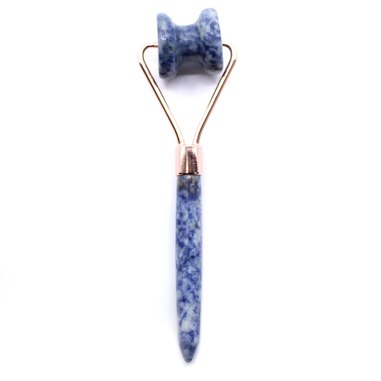 Blue Sodalite gemstone facial roller with a large textured stone for jawline sculpting and a smooth ergonomic handle.