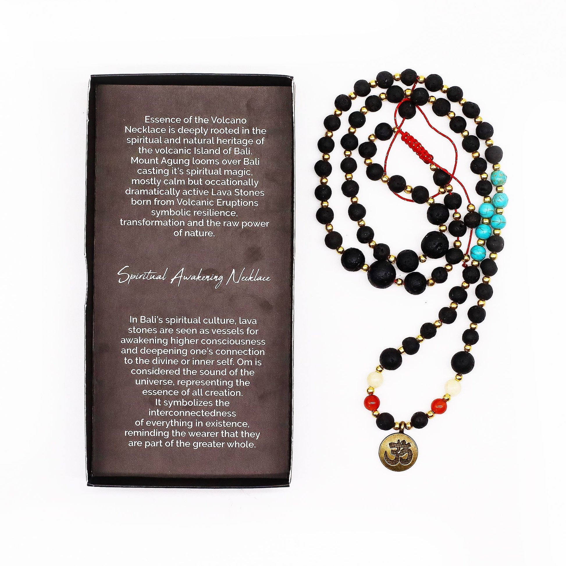Handcrafted spiritual necklace featuring black lava stone beads, vibrant accent beads, and a central silver-tone Om pendant.
