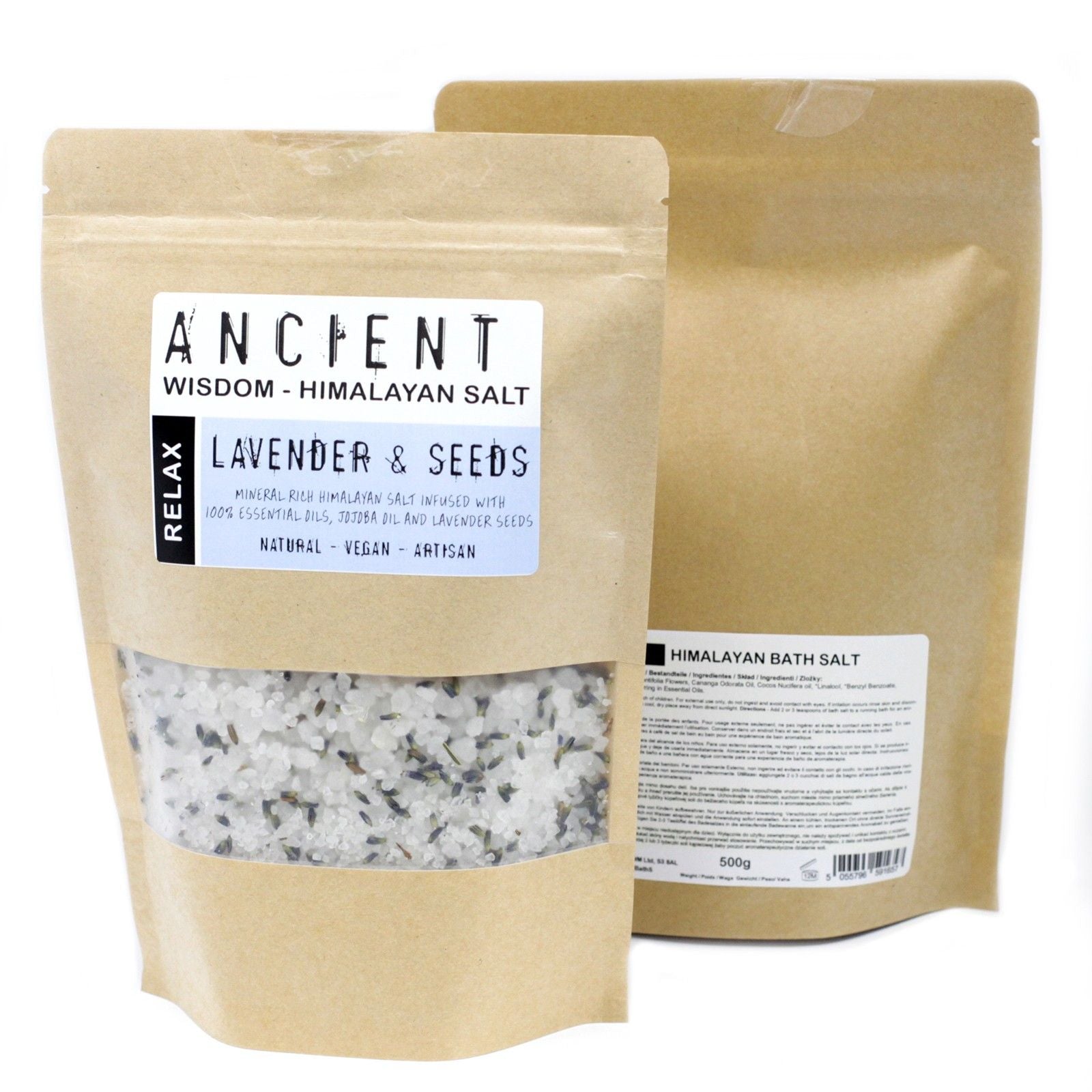 Mineral-rich pink Himalayan bath salts blended with dried lavender seeds and essential oils in a clear bag.
