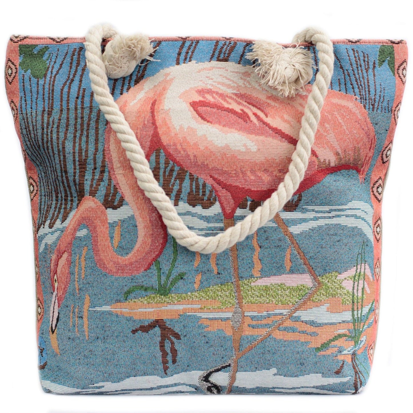 Woven style canvas beach tote bag featuring a pink flamingo design with soft white rope handles.
