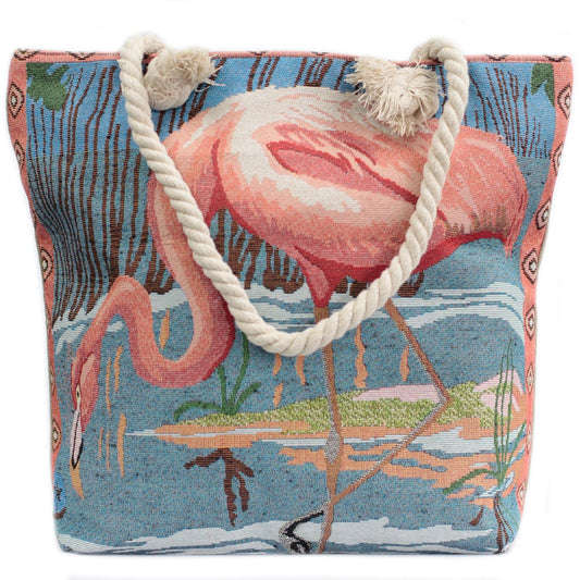 Woven style canvas beach tote bag featuring a pink flamingo design with soft white rope handles.