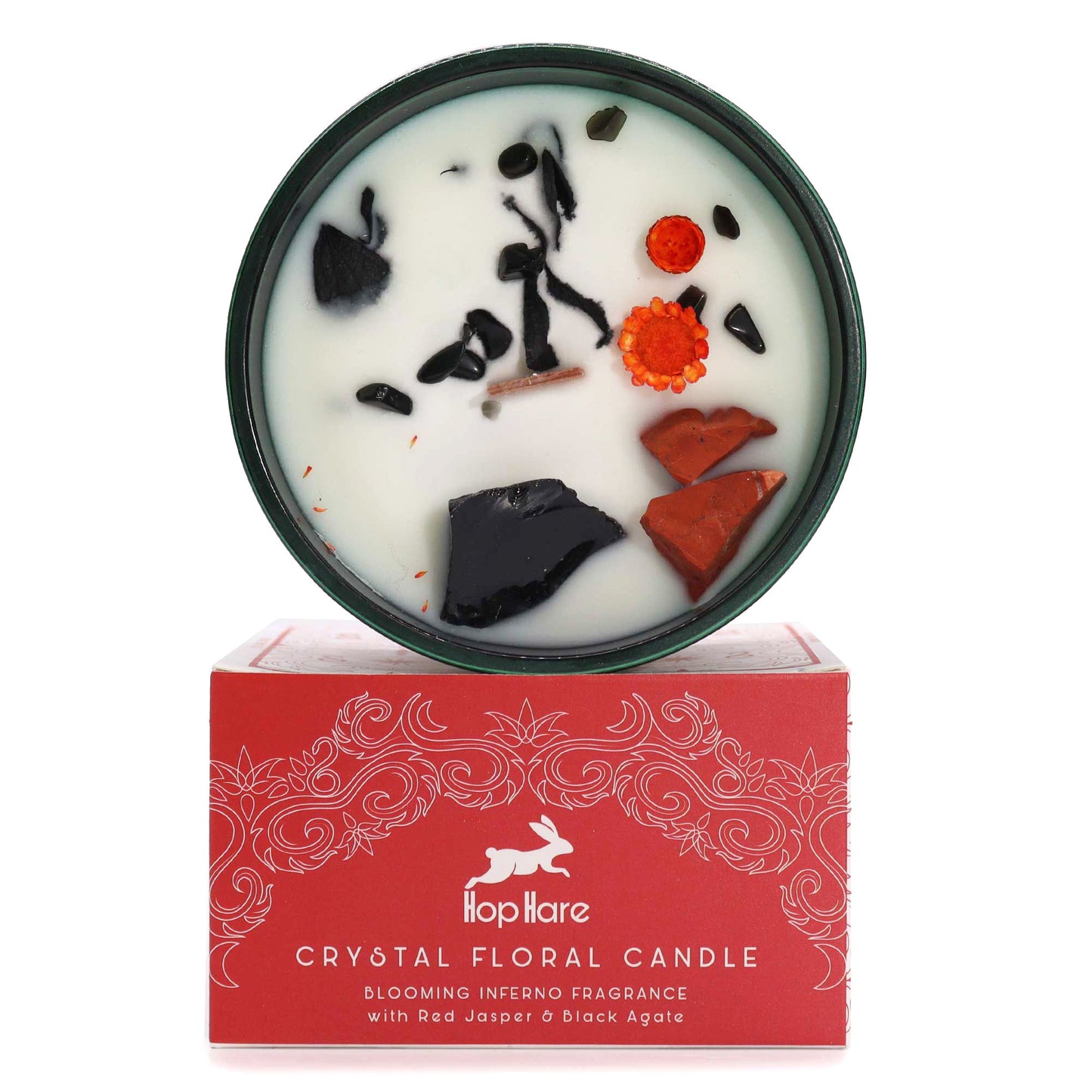 Soy wax candle in a glass jar topped with Red Jasper, Black Agate crystals and dried flowers, featuring a tarot card.