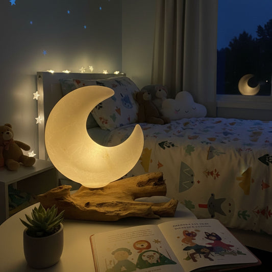 Handcrafted table lamp featuring a grey crackle-textured crescent moon shade resting on a natural Indonesian driftwood base.