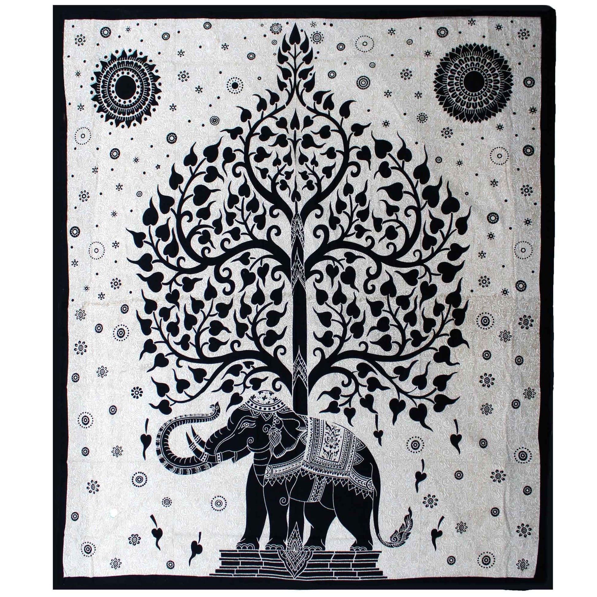 Double cotton bedspread and wall hanging featuring a monochrome black and white elephant and tree of life design.