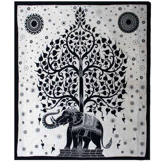 Double cotton bedspread and wall hanging featuring a monochrome black and white elephant and tree of life design.