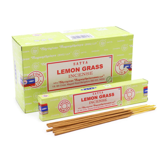 Hand-rolled incense sticks with lemongrass fragrance, displayed in their natural brown paper packaging.