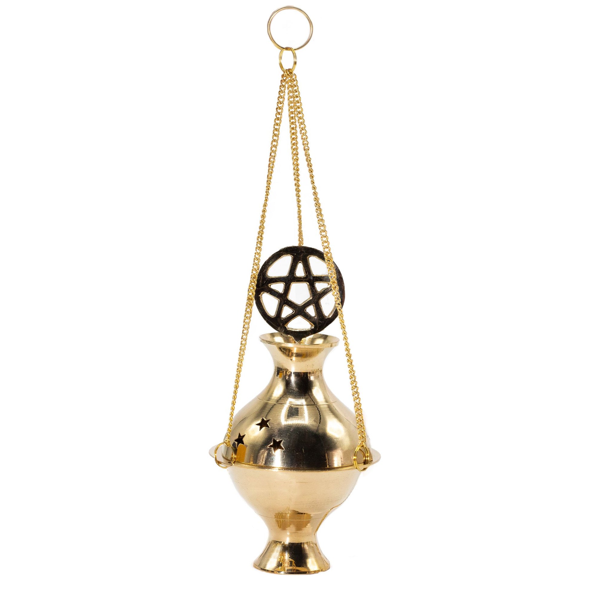 Round brass hanging incense burner with a cut-out pentagram design suspended on three golden chains.