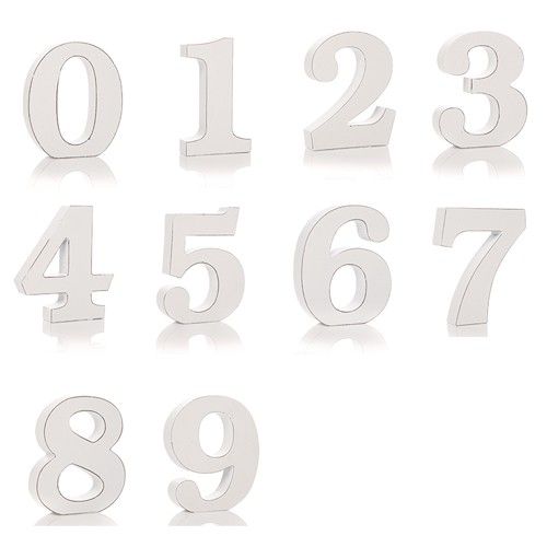 Hand-carved white-wash mango wood numbers 1 through 0 in a rustic shabby chic style.