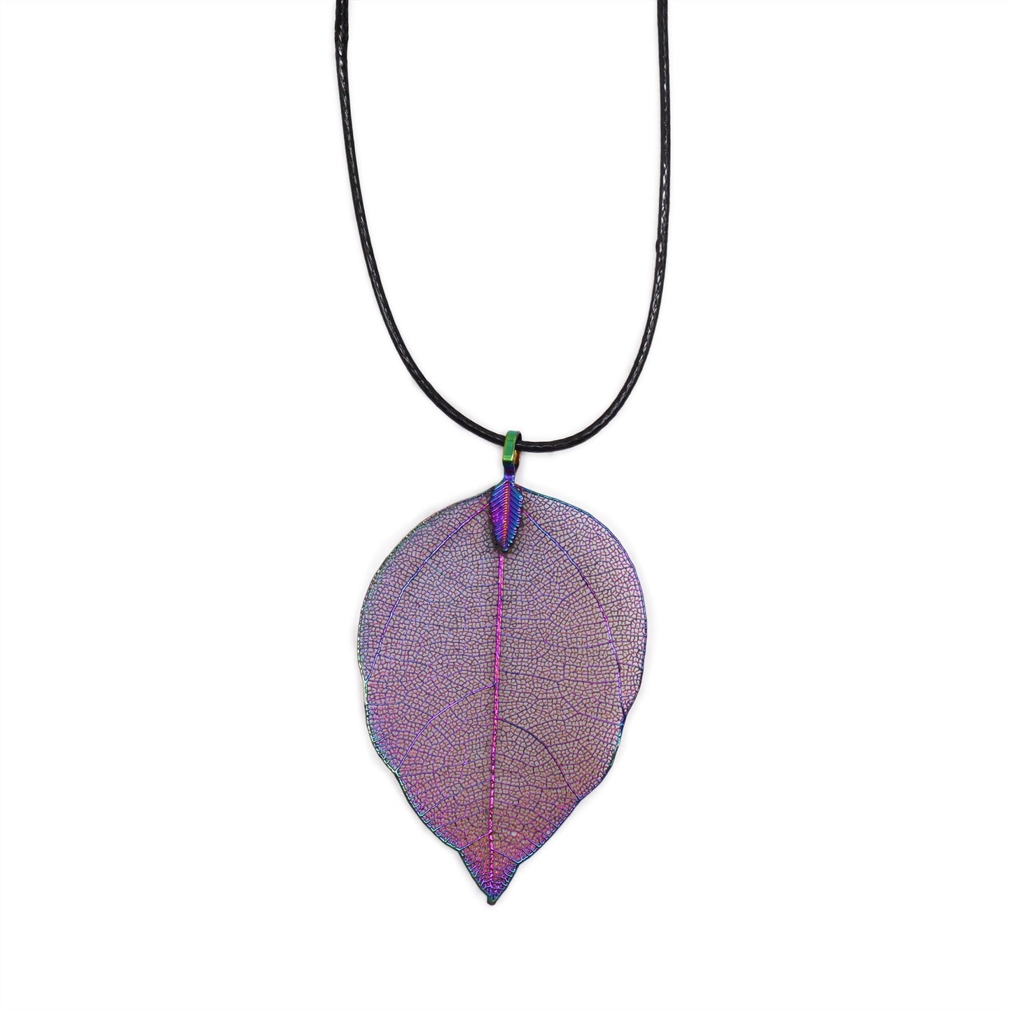 Intricate multicoloured metallic leaf pendant on a delicate chain, showing unique natural textures and veins.