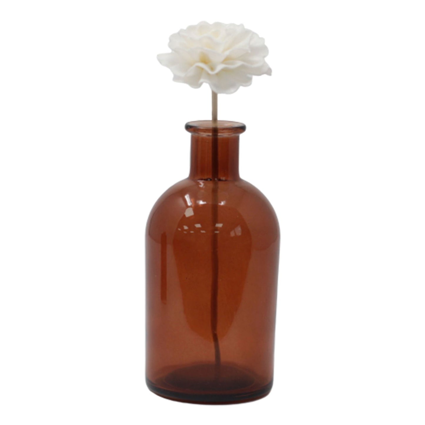 Handcrafted white sola wood carnation flower attached to a natural reed stick for fragrance diffusion.