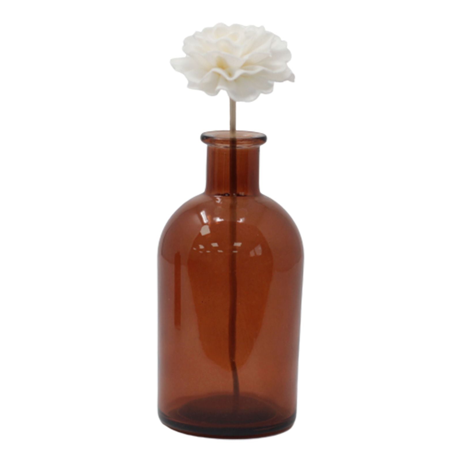Handcrafted white sola wood carnation flower attached to a natural reed stick for fragrance diffusion.