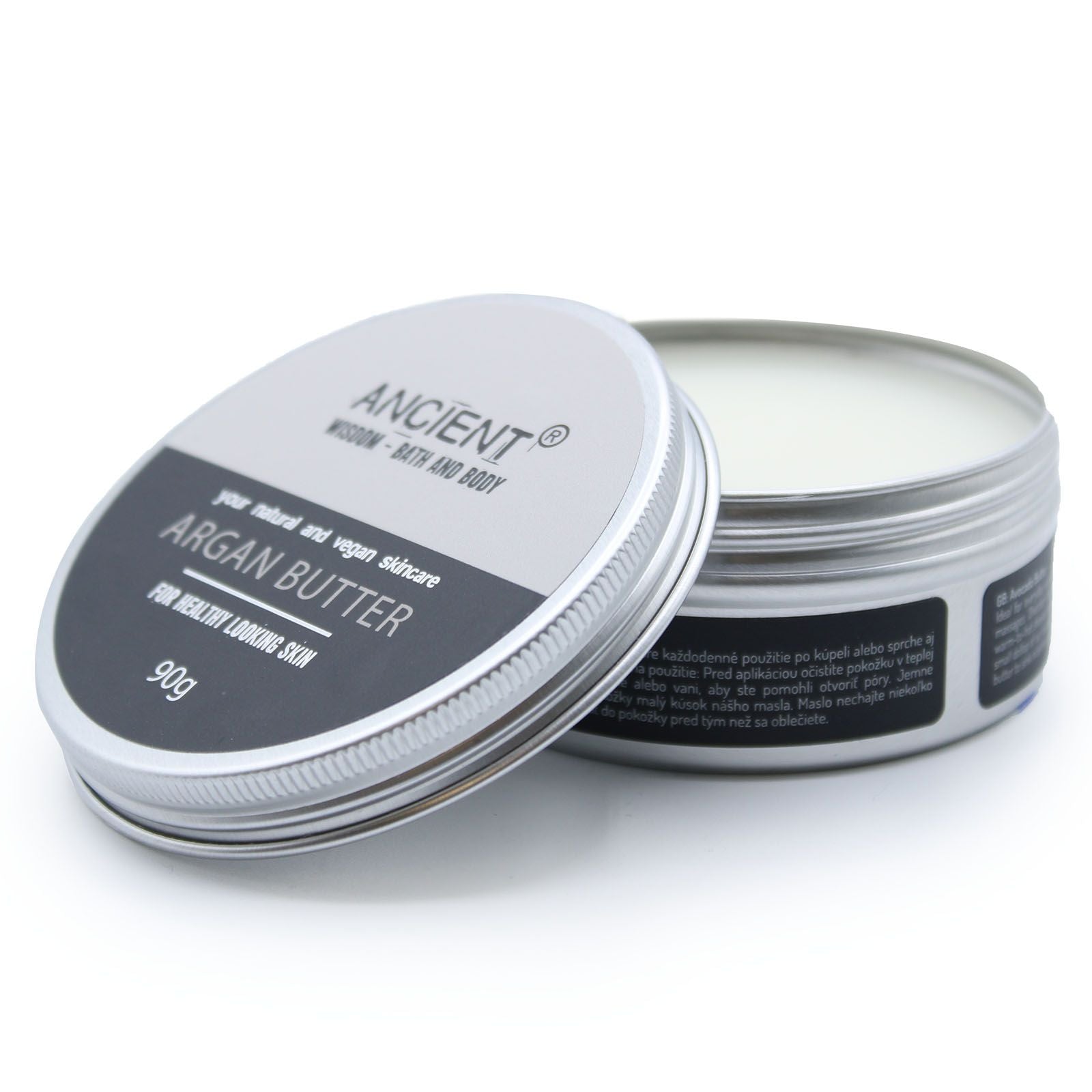 Circular metal tin containing smooth cream-coloured argan body butter for intensive skin hydration.