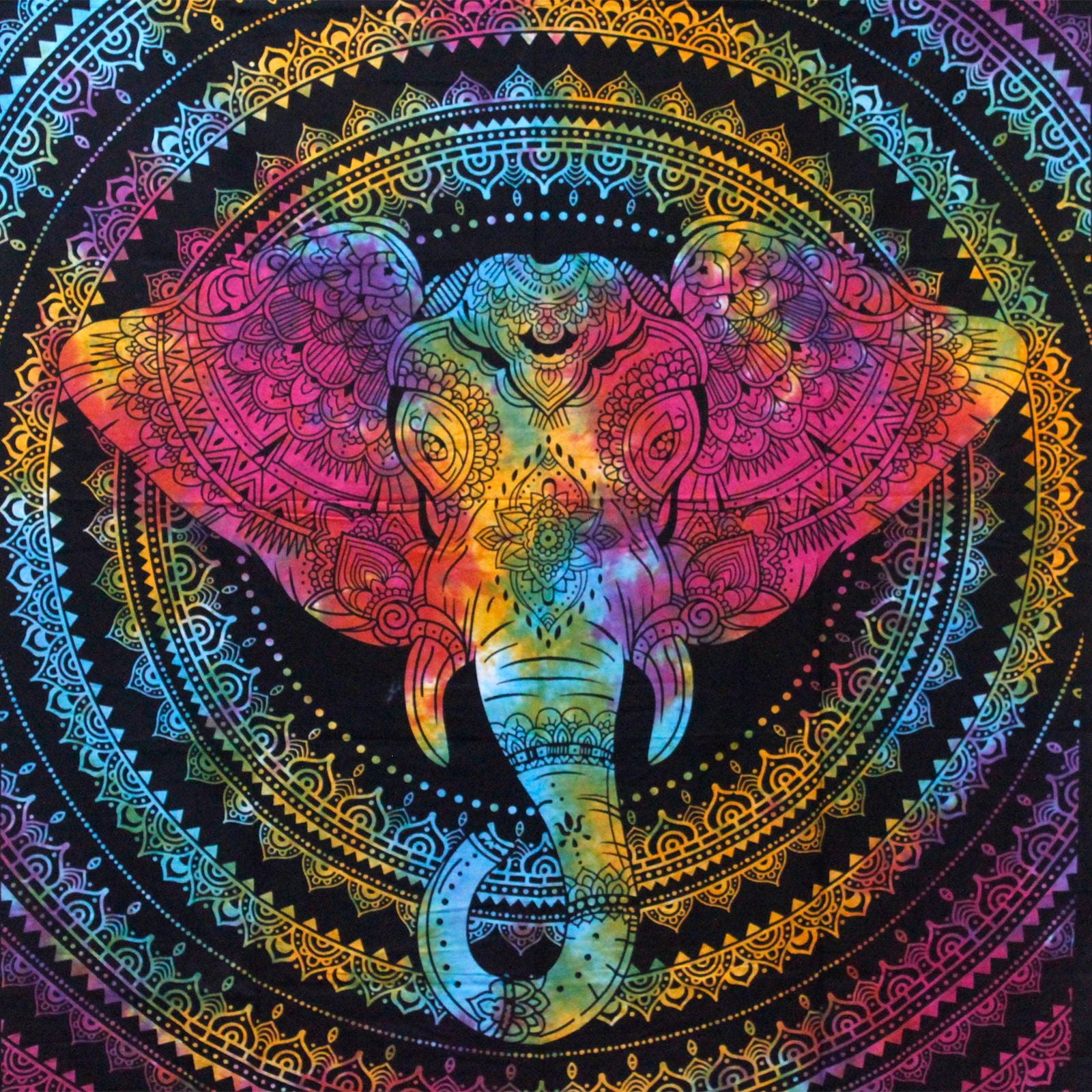 Intricate black and white elephant head print on a large double cotton bedspread and decorative wall hanging.